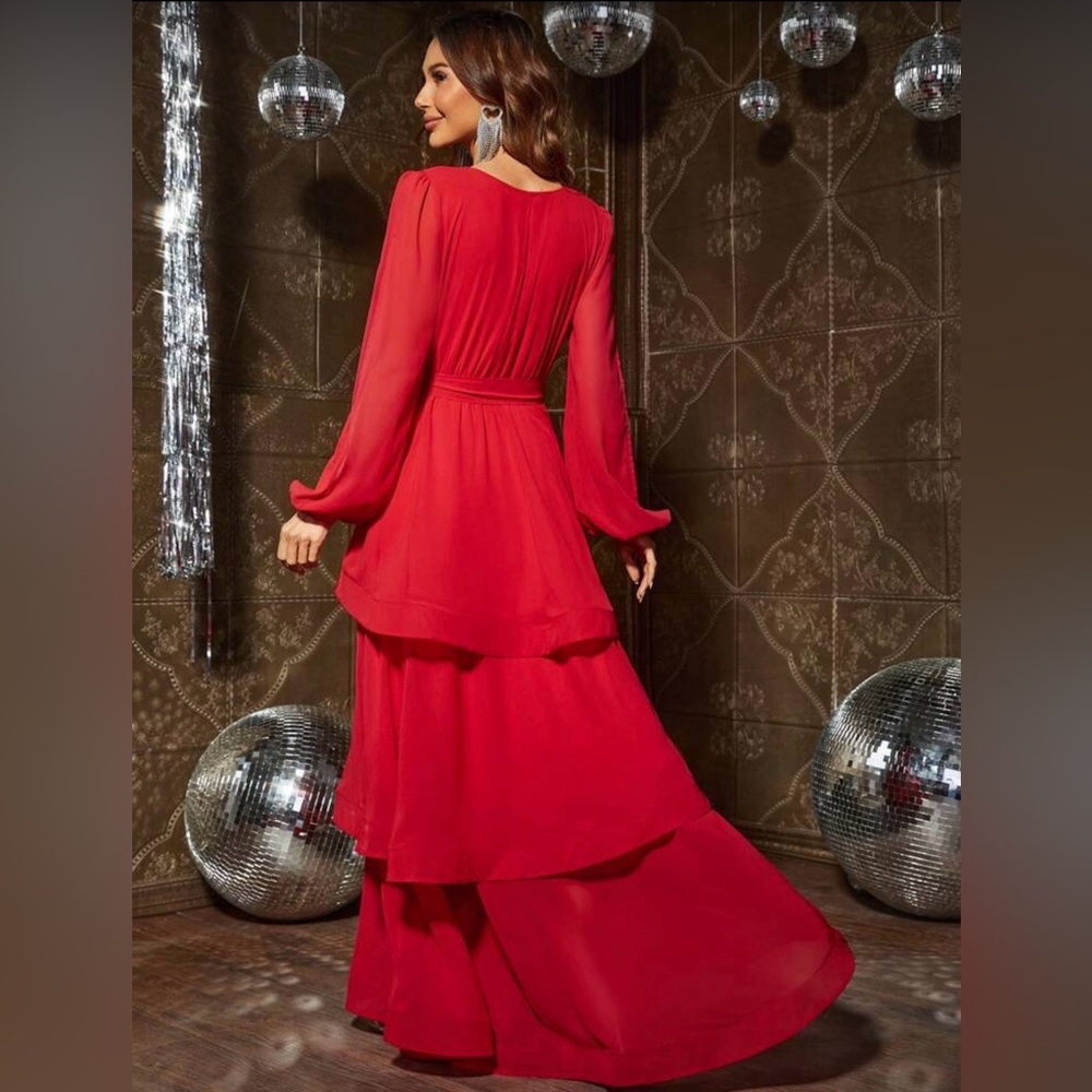 Elegant Red Long Sleeve Ruffle Maxi Dress - Picture 3 of 13